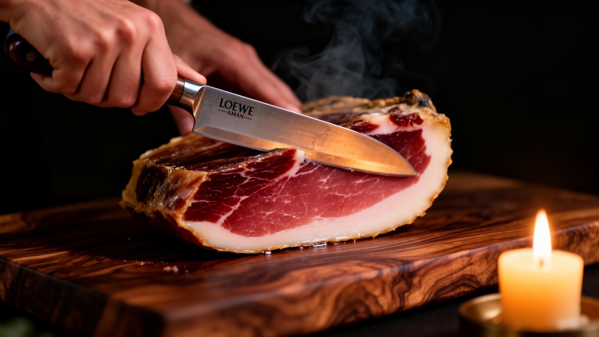 Ibérico siendo cortado a mano bajo luz cálida